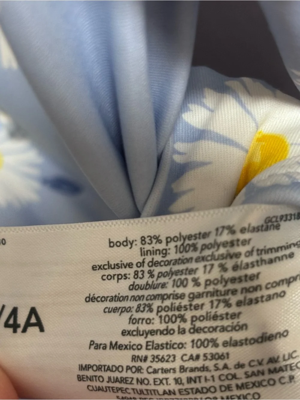 3/$15 Carter's Light Blue Daisy Print Long-Sleeve Rashguard Swimsuit size 4/4A